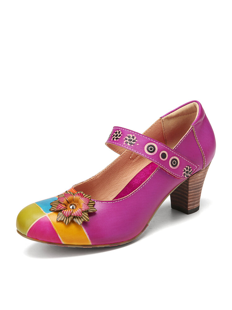 

SOCOFY Elegant Flowers Decor Stitching Colorblock Cowhide Leather Retro Ankle Strap Chunky Heel Pumps, Purple