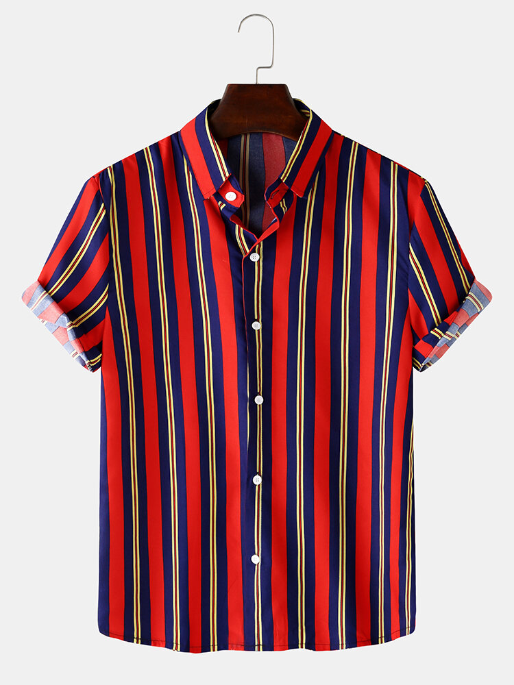 Mens Colorful Stripes Print Turn Down Collar Light Loose Shirts