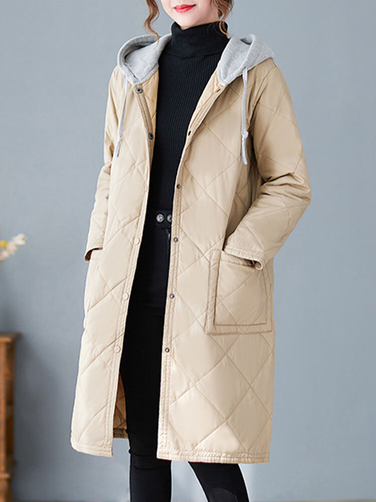 Solid Color Patchwork Drawstring Pocket Button Hooded Padded Coat