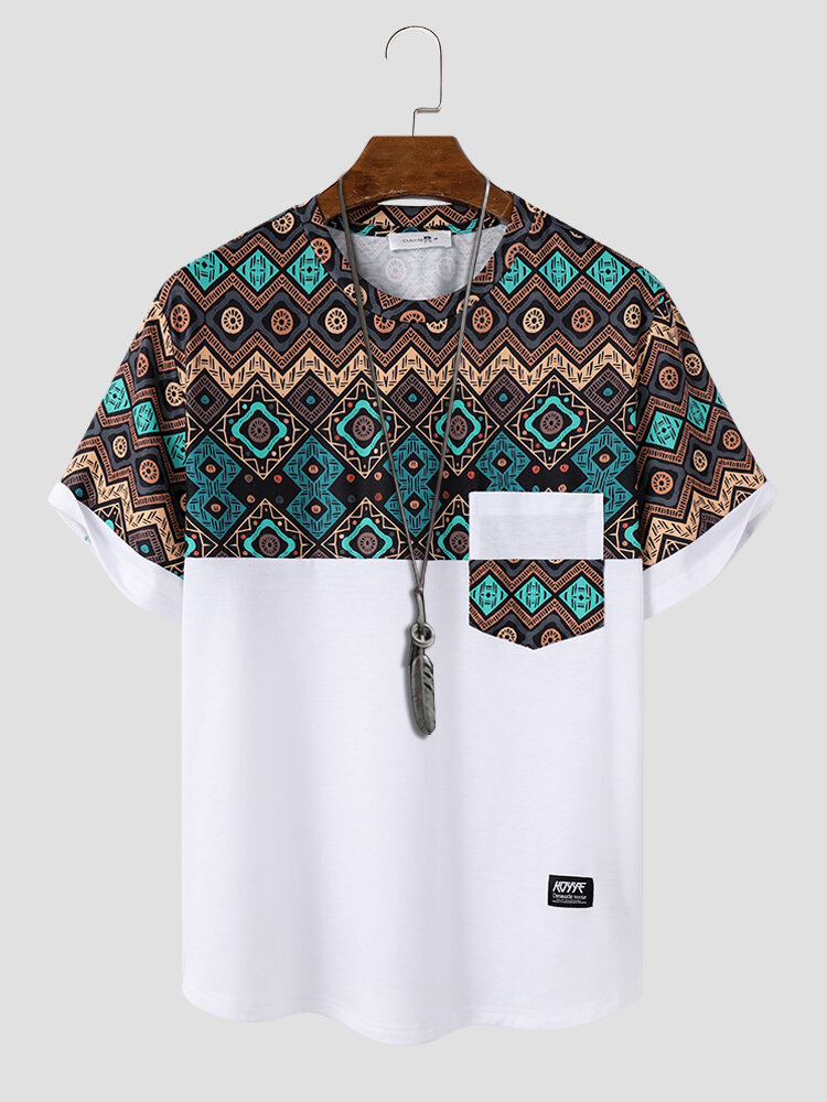 Kurzärmlige T-Shirts mit ethnischem geometrischem Druck und Rundhalsausschnitt für Herren