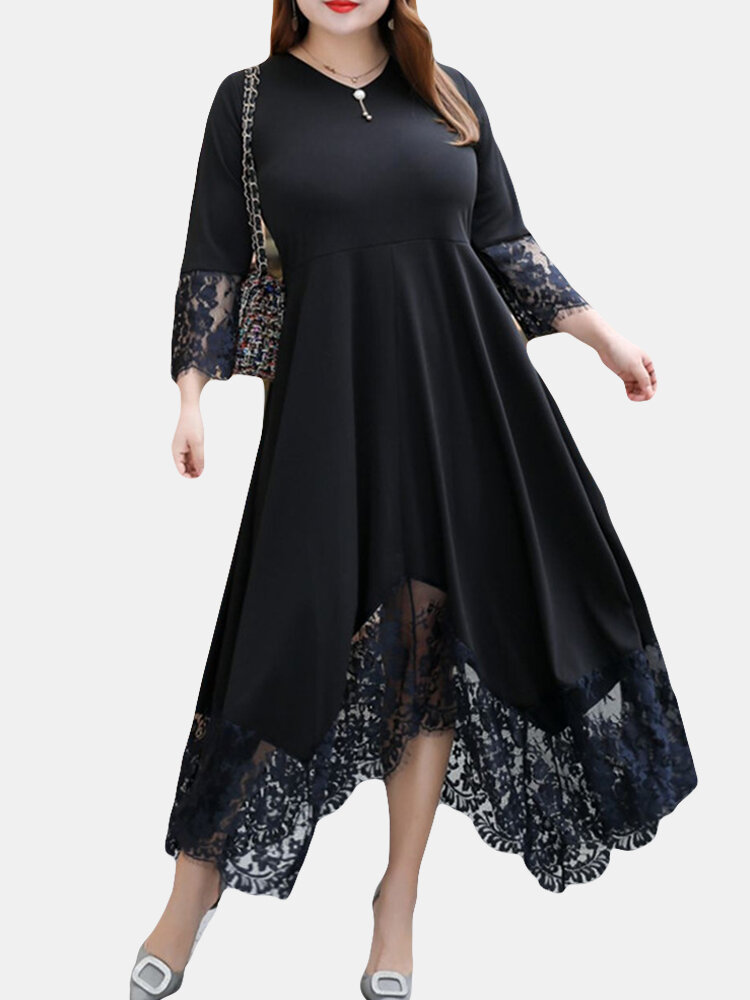 

Lace Patchowork 3/4 Sleeve Irregular Plus Size Dress, Black