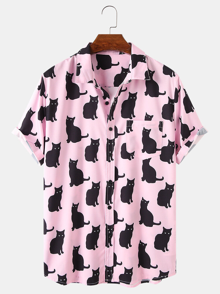 Mens Black Cat Allover Print Breathable Chest Pocket Short Sleeve Shirts
