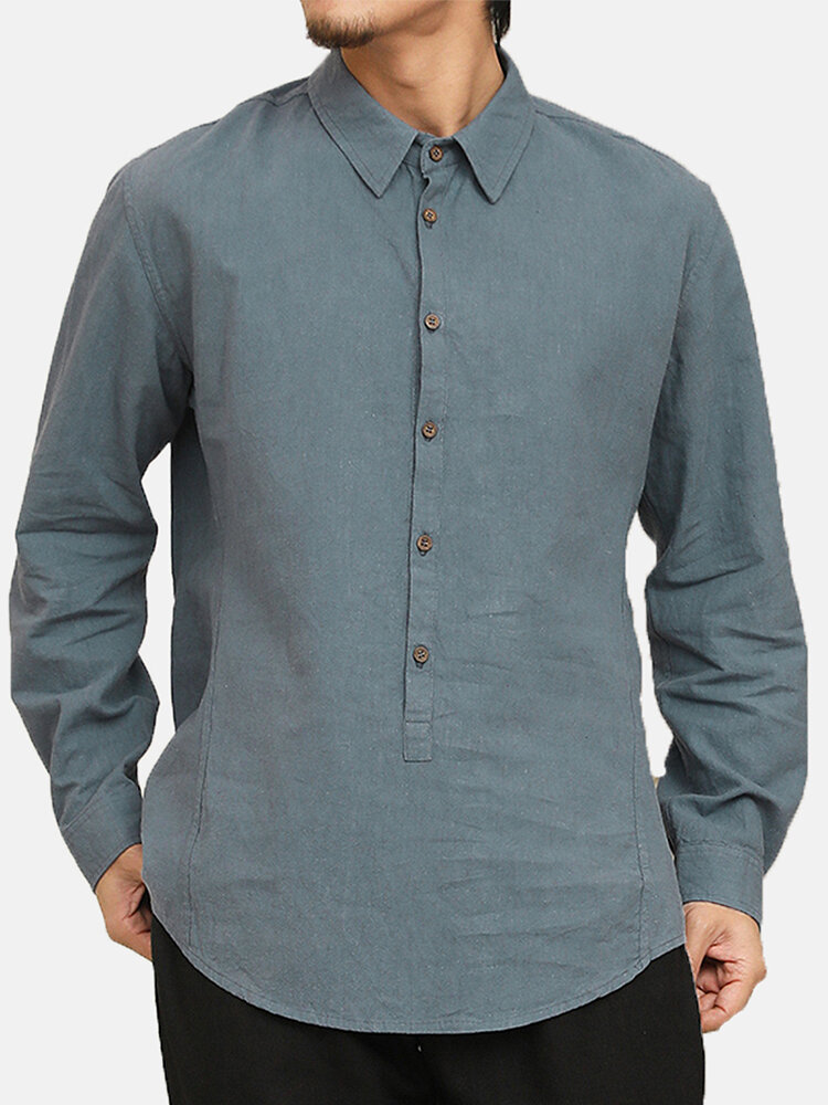 Mens Cotton Linen Solid Casual Long Sleeve Lapel Henley Shirt