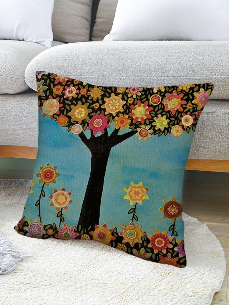 1 Pc Oil Painting Tree Pattern Pillowcase Throw Pillow Cover Linen Sofa Home Car Cushion Cover