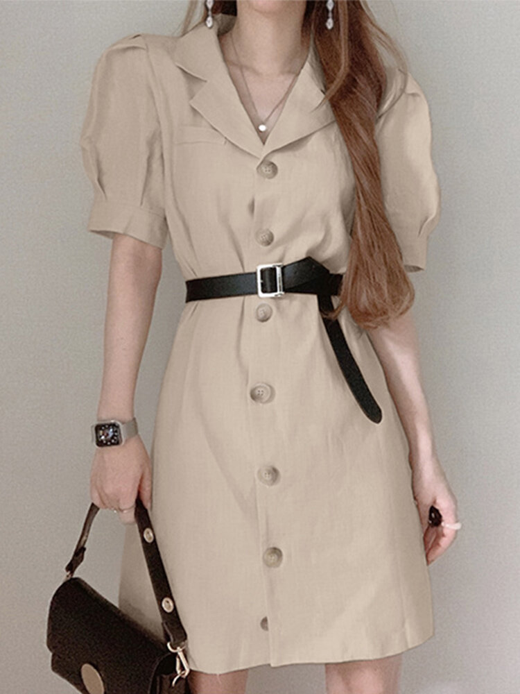 Solid Puff Sleeve Lapel Button Front Dress For Women