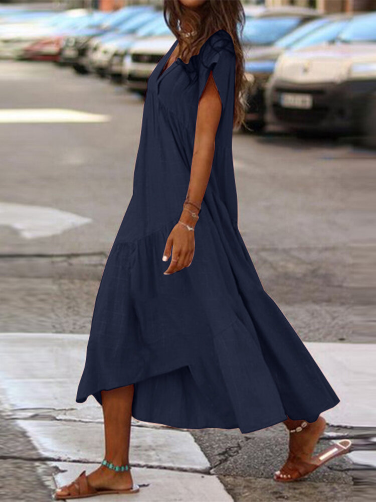 ZANZEA V-neck Short Sleeve Loose Solid Color Plus Size Dress Online ...