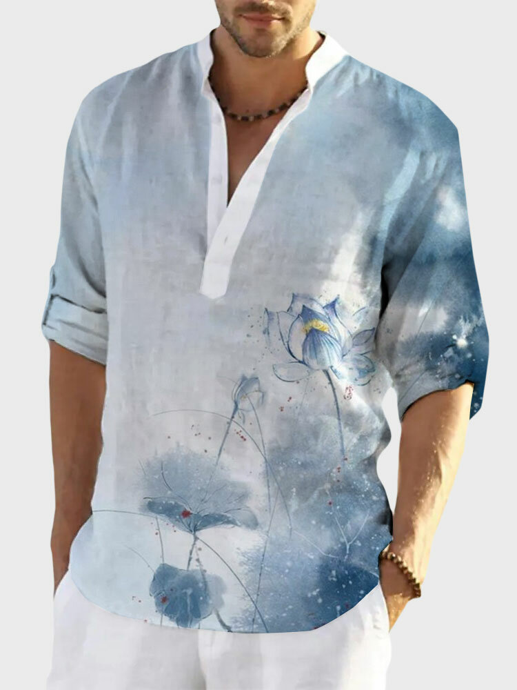 

Mens Chinese Style Lotus Print Half Button Henley Shirts, Blue
