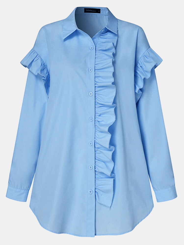 Women Solid Color Ruffle Patchwork Long Sleeve Casual Blouse