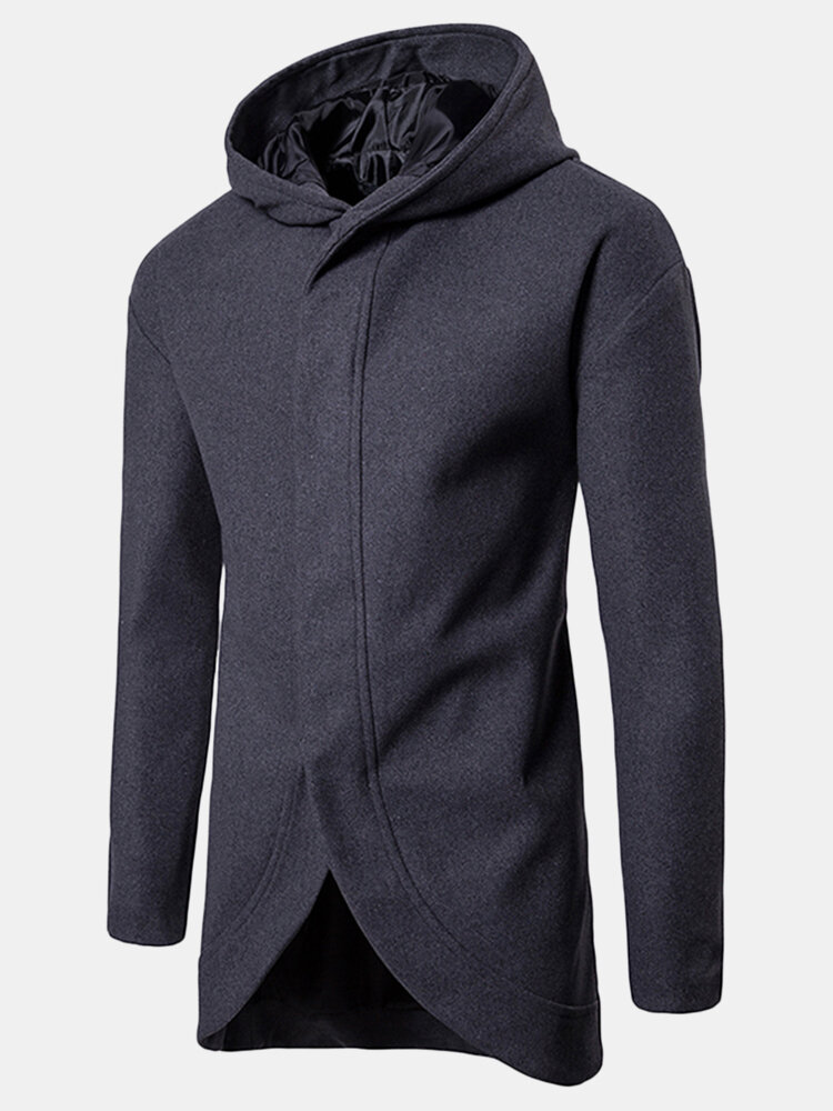 Mens Hooded Mid-long Irregular Hem Single Breasted Casual Business Trench Coats