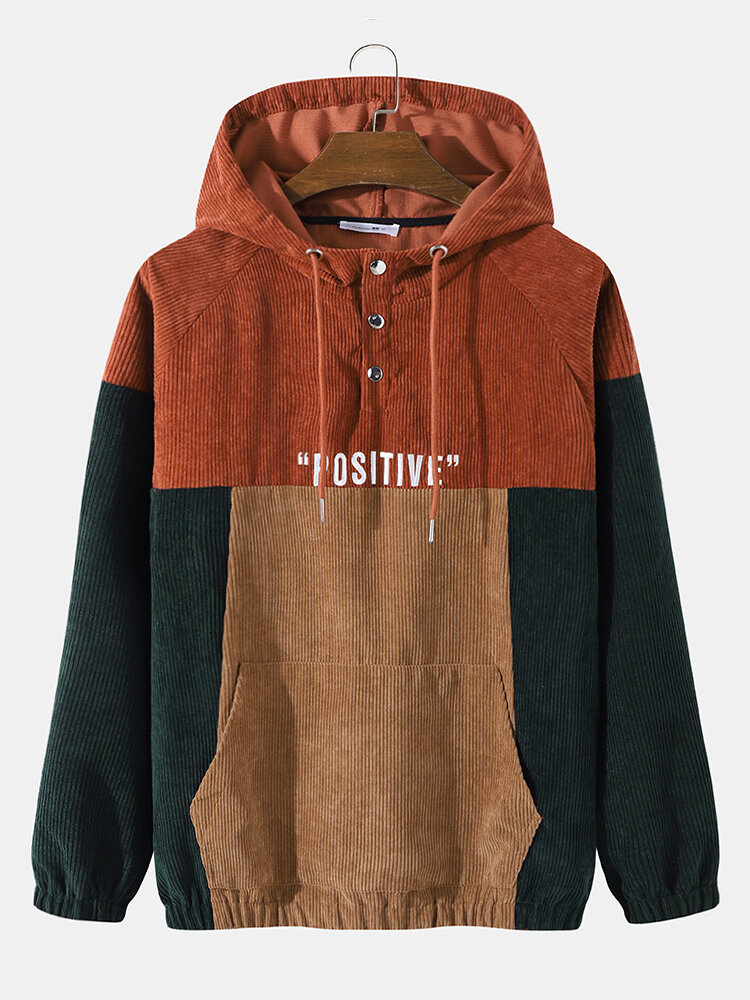 Mens Corduroy Colorblock Patchwork Letter Embroidered Street Drawstring Hoodies
