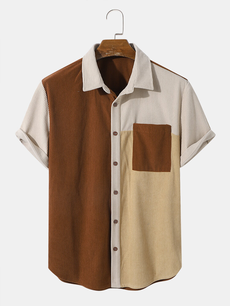 Mens Corduroy Color Block Stitching Casual Short Sleeve Shirts