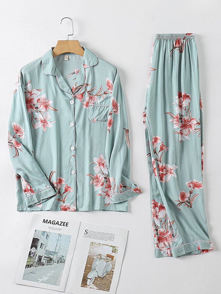 Women All Over Floral Print Button Front Contrast Binding Comfy Pajamas