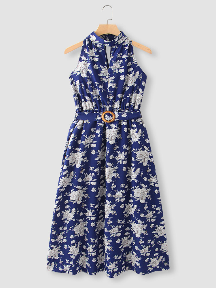 Темно-синий цветочный принт Ремень Качели без рукавов с полой лямкой на шее Платье
