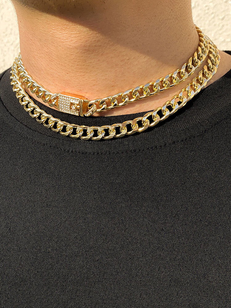 2 Pcs/Set Trendy Minimalist Inlaid Rhinestones Thick Cuban Chain Shape Alloy Aluminum Double-layer Necklace