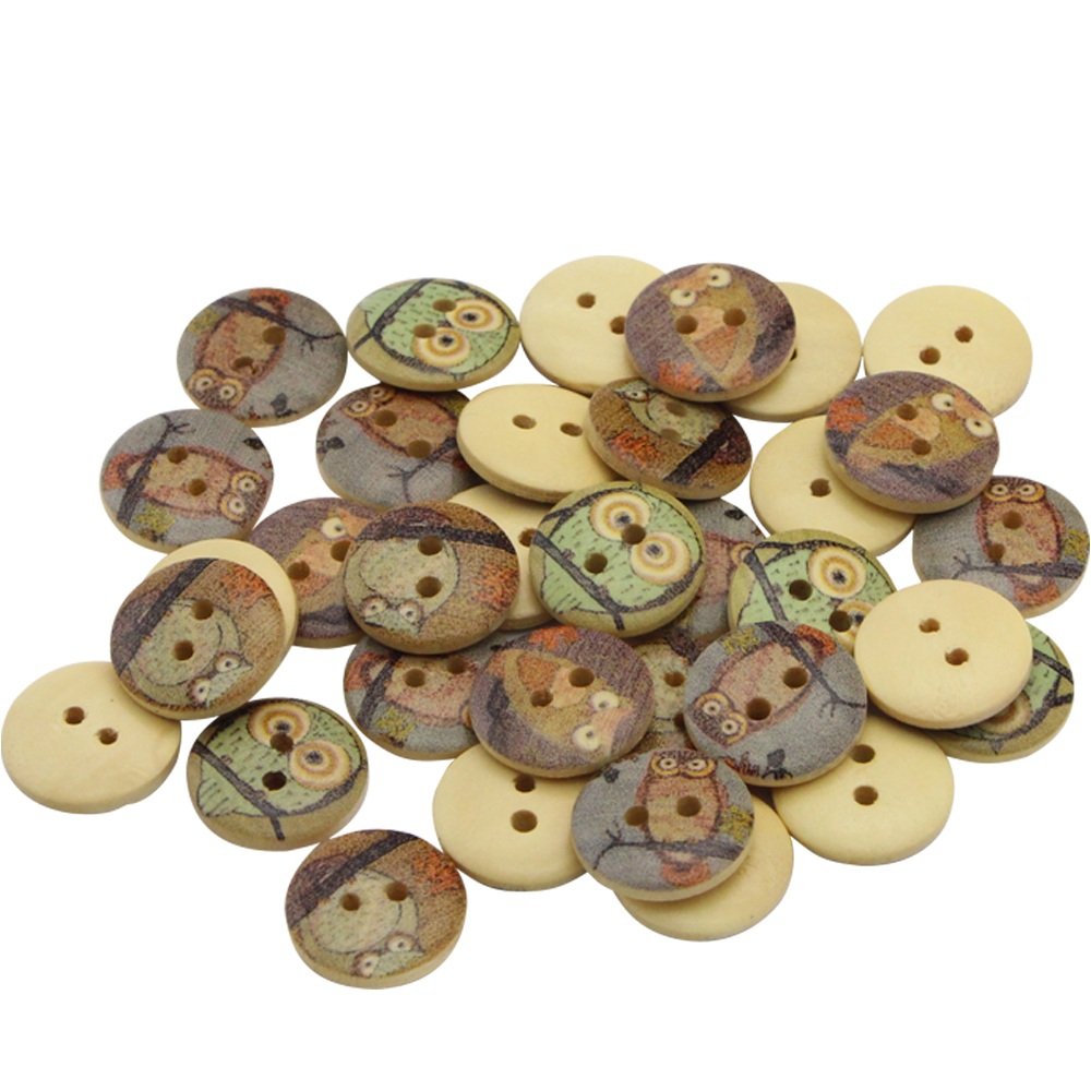 

100 Pcs Mixed 2 Holes Owl Pattern Wood Sewing Buttons Scrapbooking Round 15mm