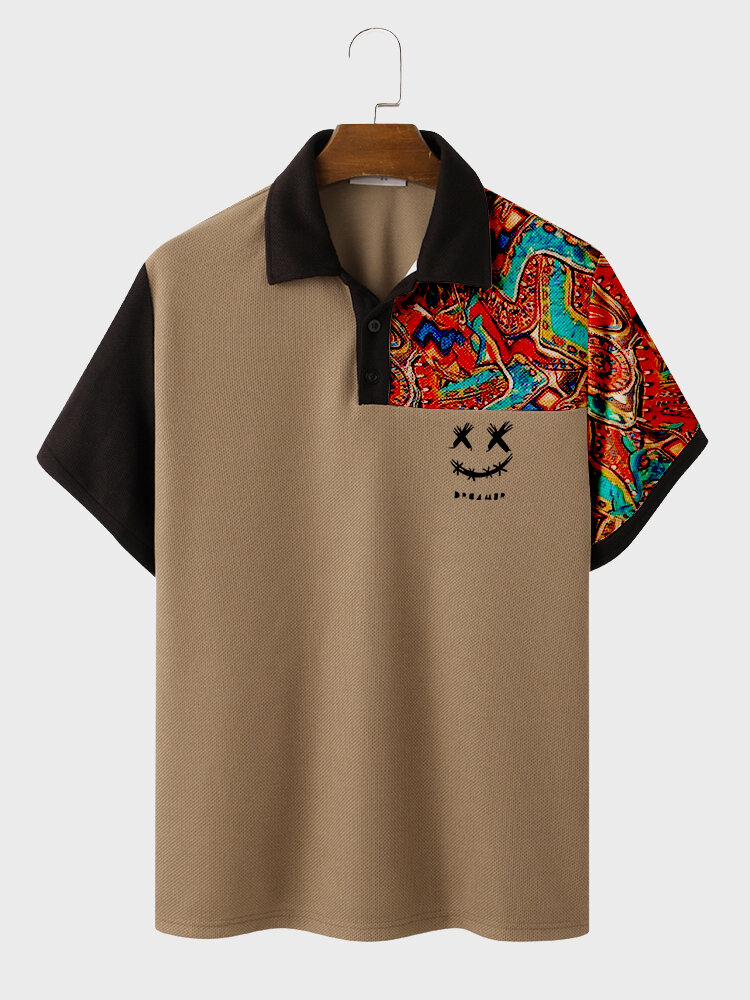 

Mens Smile Ethnic Pattern Patchwork Short Sleeve Golf Shirts, Khaki