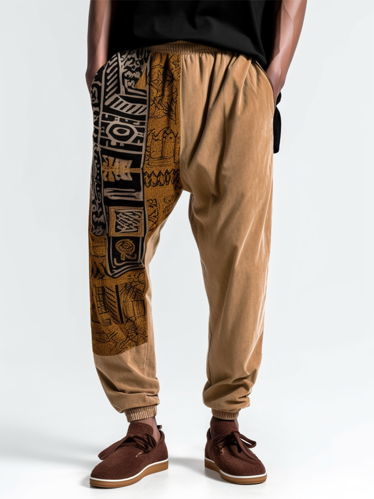 

Mens Ethnic Totem Print Patchwork Loose Cuffed Pants, Khaki
