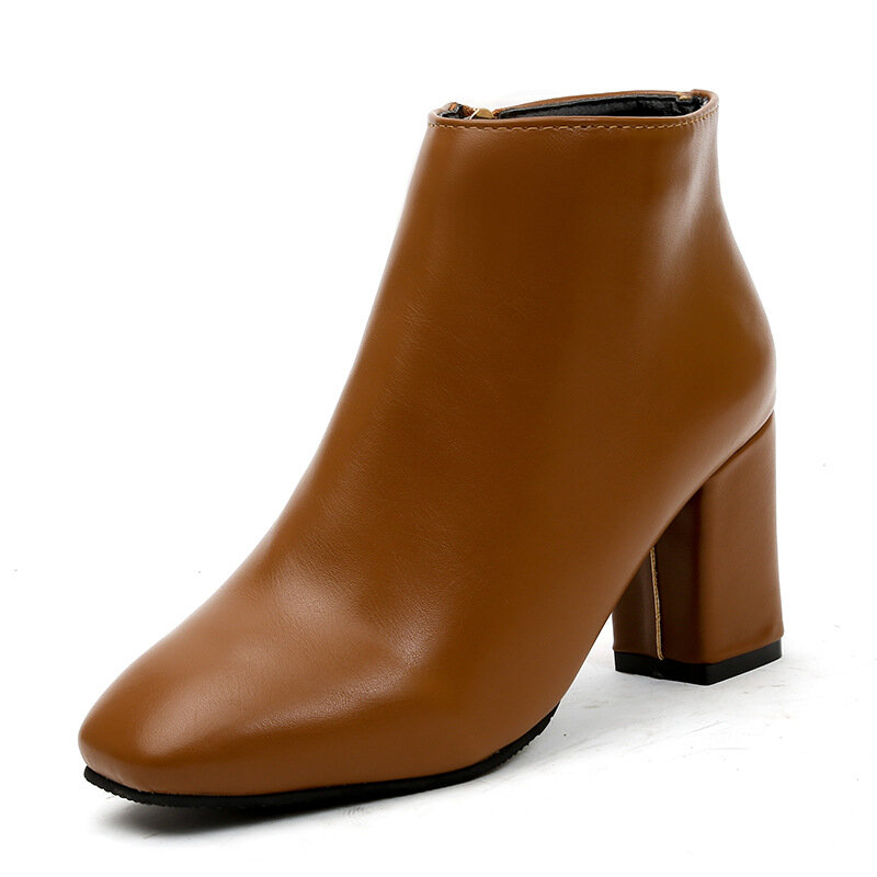 Solid Color Square Toe High Heel Zipper Ankle Boots
