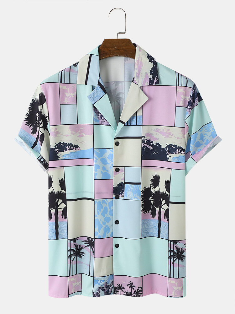 Mens Tropical Scenery Color Block Print Holiday Short Sleeve Shirts
