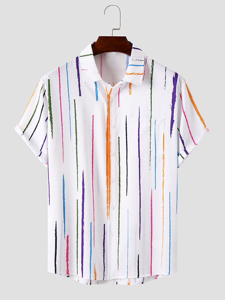 Mens Colorful Line Print Chest Pocket Daily Short Sleeve Shirts