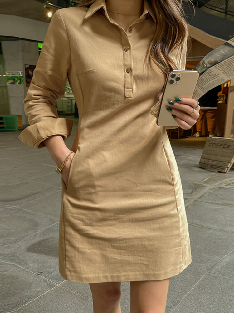 Vestido feminino de lapela sólida com meio botão casual manga comprida