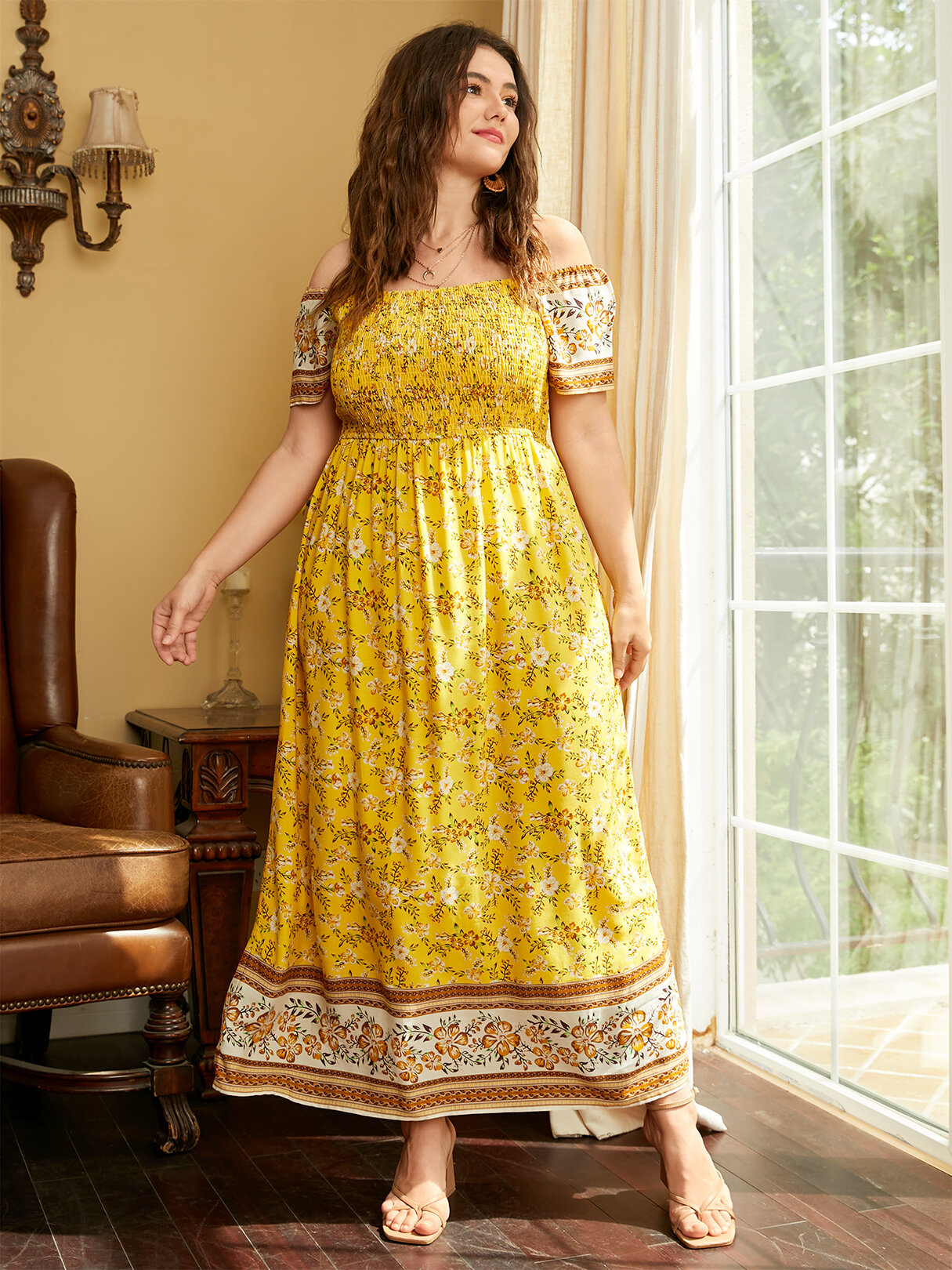 

Plus Size Off Shoulder Shirring Ditsy Floral Print Maxi Dress, Yellow