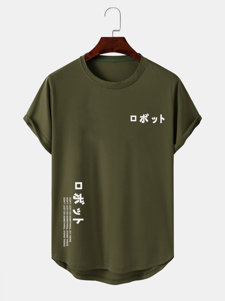 Mens Japanese Slogan Print Curved Hem Short Sleeve T-Shirts