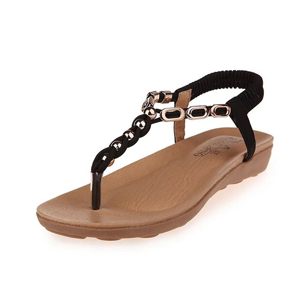 Metal Chain Clip Toe Bohemia Flat Elastic Sandals For Women