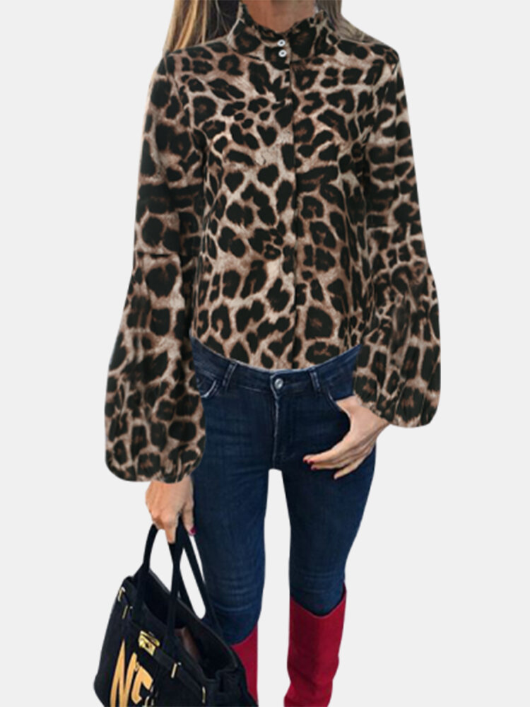 Leopard Print Long Latern Sleeve Plus Size Shirt