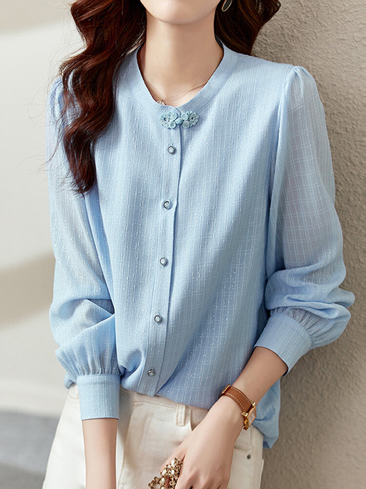 Feminino liso gola com botão e manga comprida Camisa