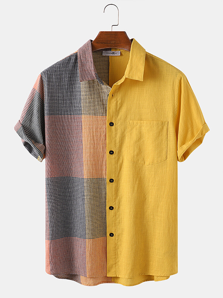 Men 100% Cotton Plaid Patchwork Casual Designer Shirt