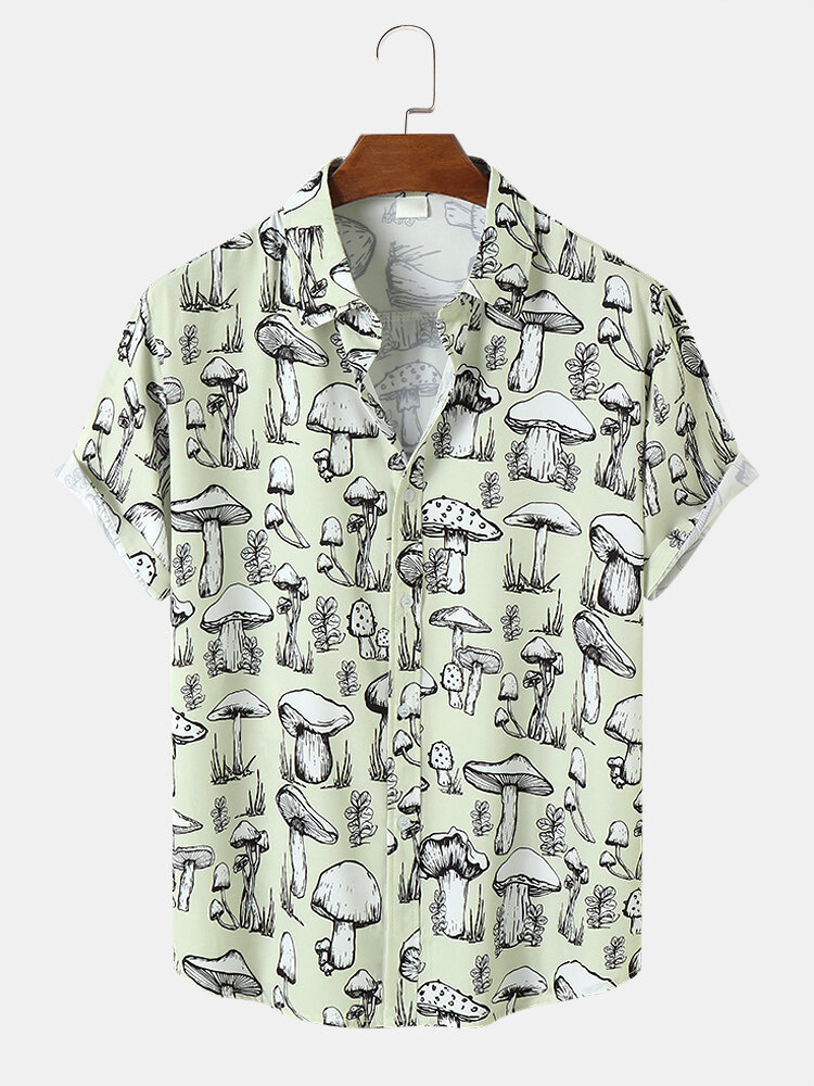 Mens All Over Mushroom Plants Print Short Sleeve Shirts