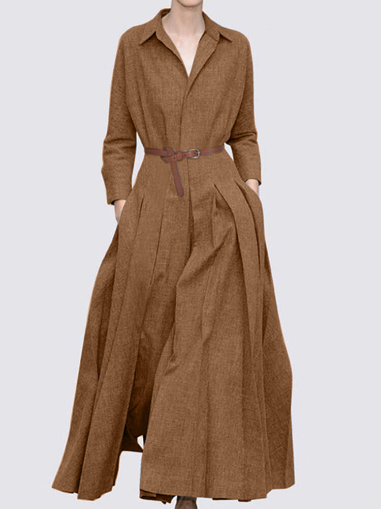 Women Solid Pleated Lapel Casual Long Sleeve Maxi Dress