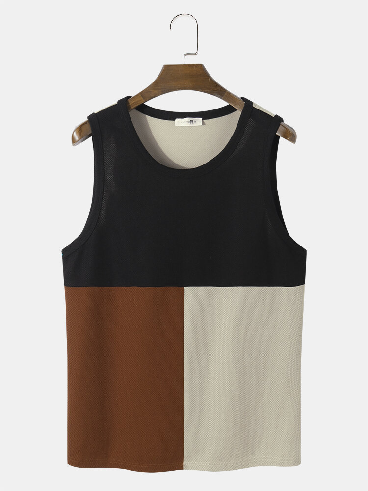 Mens Sleeveless Contrast Color Knitted Patchwork Street Tank Top
