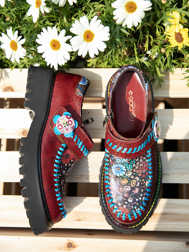 Socofiar Piel Genuina Mocasines de costura hechos a mano Casual Retro Floral Botón Cuñas Zapatos