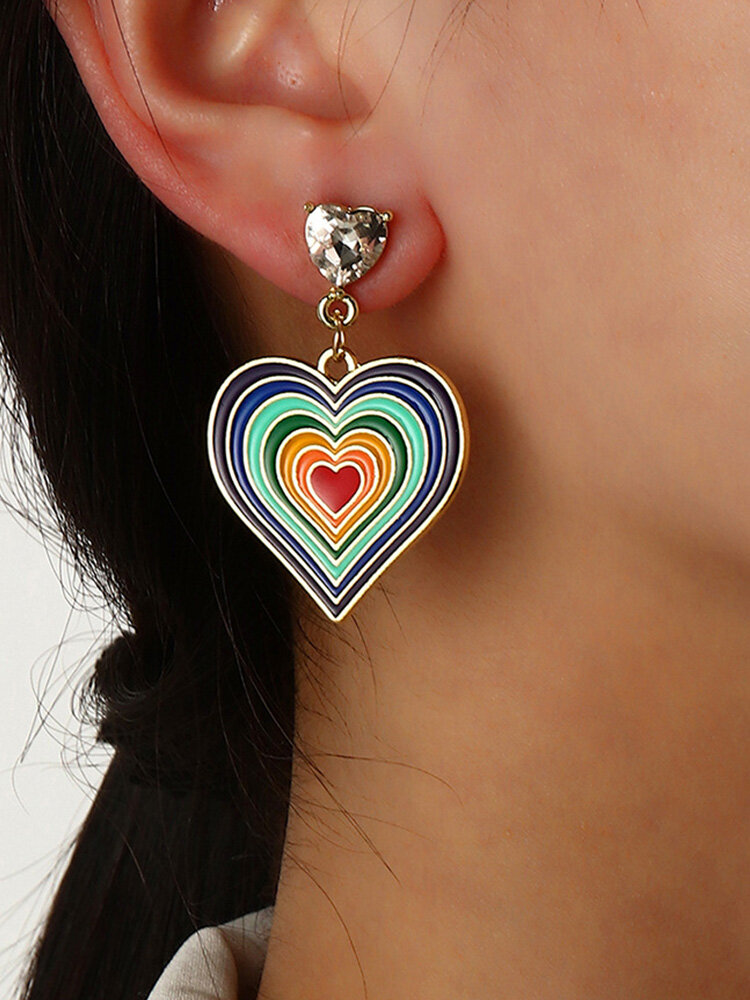 Vintage Trendy Rainbow Color Heart-shaped Oil Drip Alloy Studs Earrings