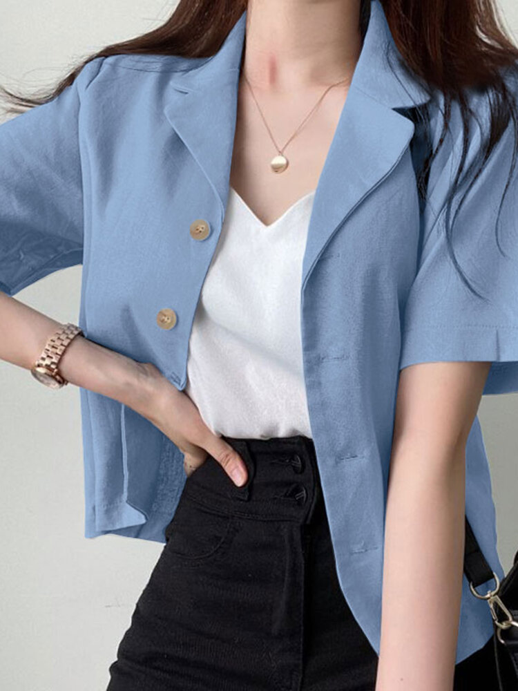 Solid Button Front Lapel Short Sleeve Casual Blazer