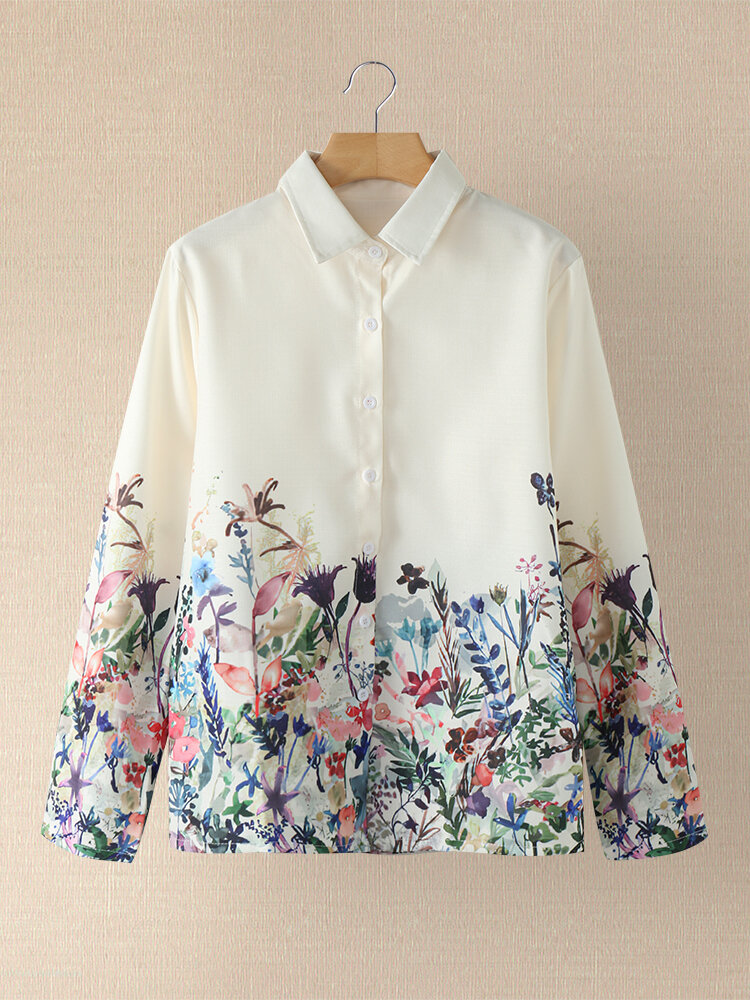Floral Print Patchwork Long Sleeve Plus Size Shirt