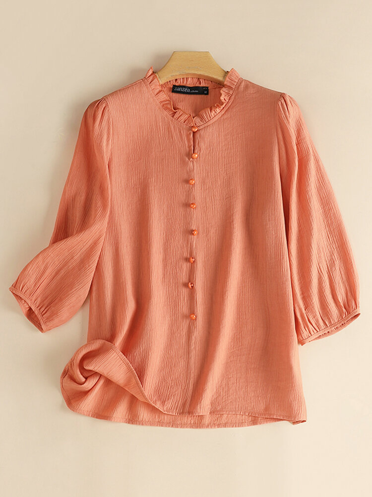 Women Solid Texture Frill Neck Casual 3/4 Sleeve Shirt