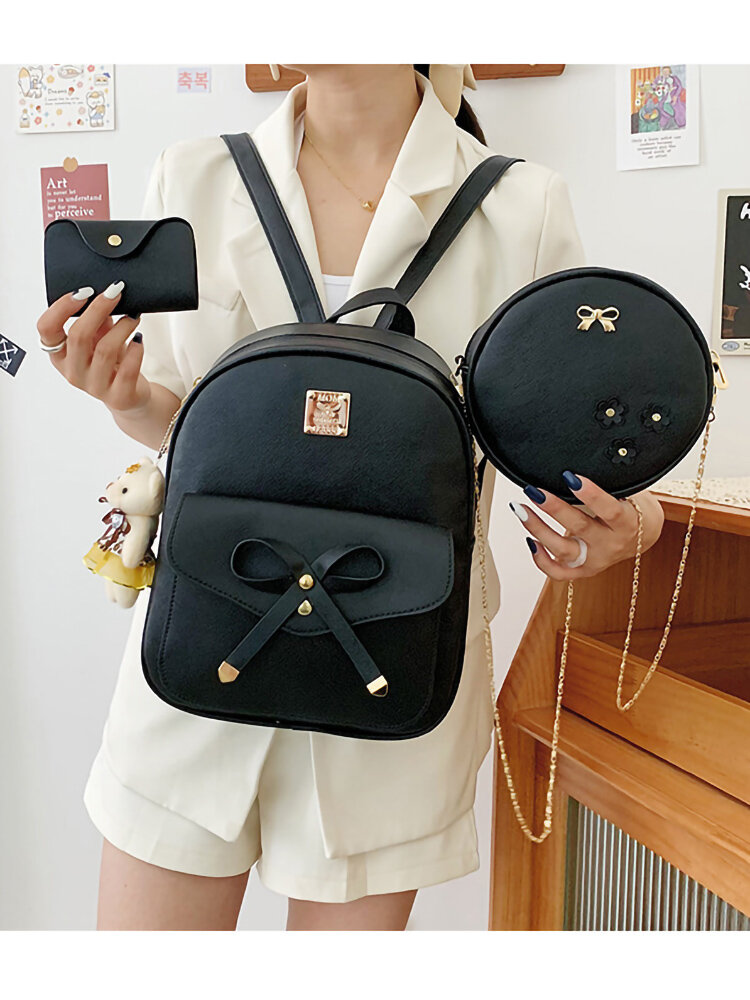 JOSEKO Women's Faux Leather Casual Bow Backpack Mini Crossbody Small Wallet Multipurpose Three-Piece Set