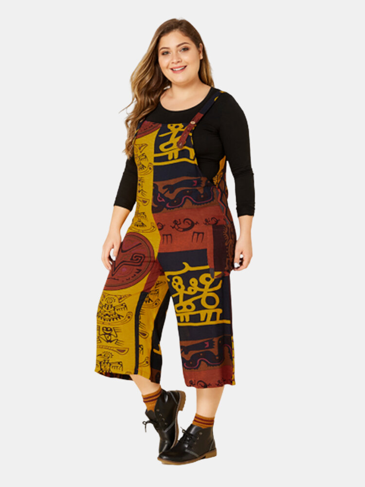 Bohemian Ethnic Print Plus Size Jumpsuit with Pockets