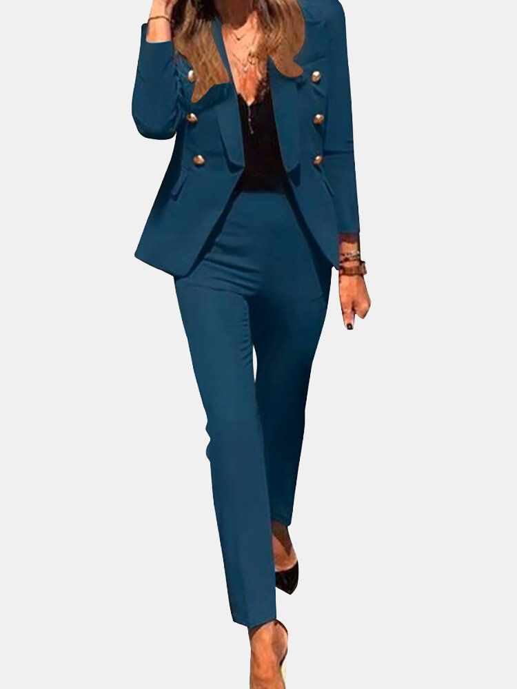 Women Solid Long Sleeve Lapel Two Pieces Suit