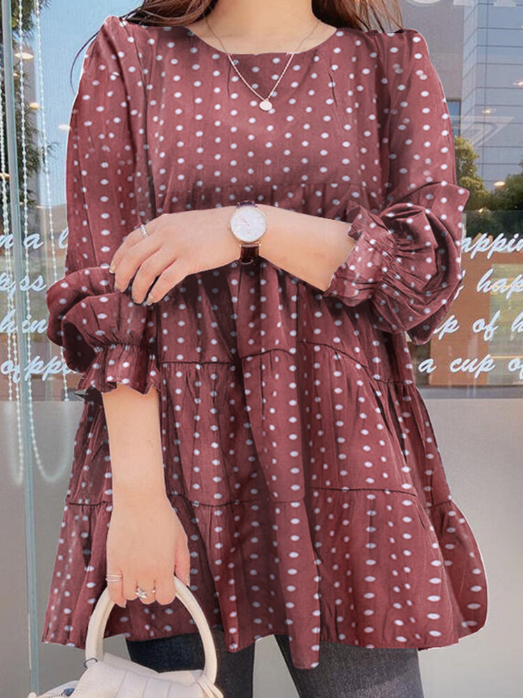 Damen-Bluse mit gepunktetem, abgestuftem Design, Rundhalsausschnitt und langen Ärmeln