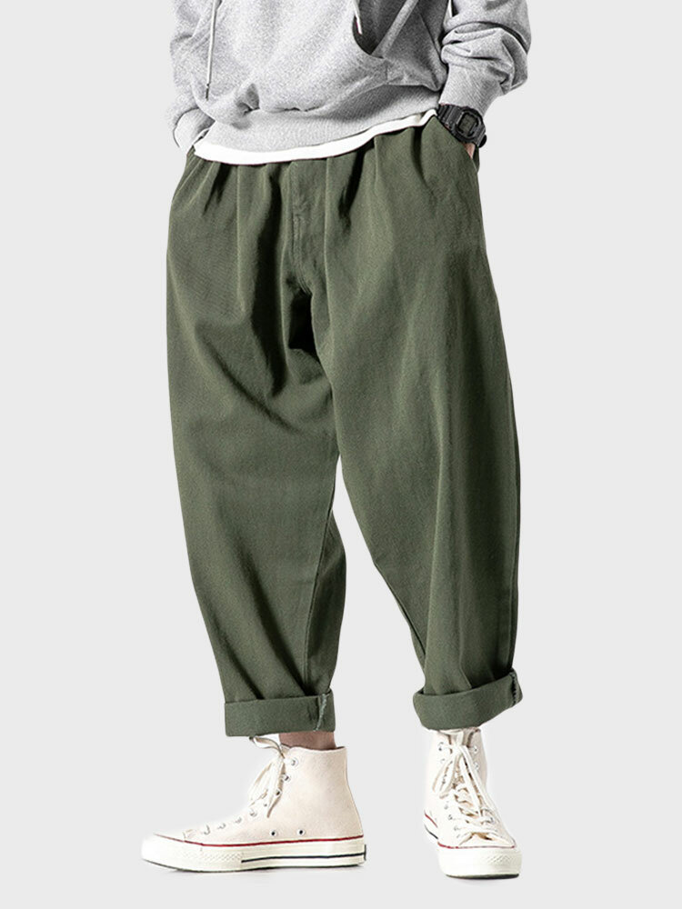 Mens Solid Color Loose Casual Pants With Pocket