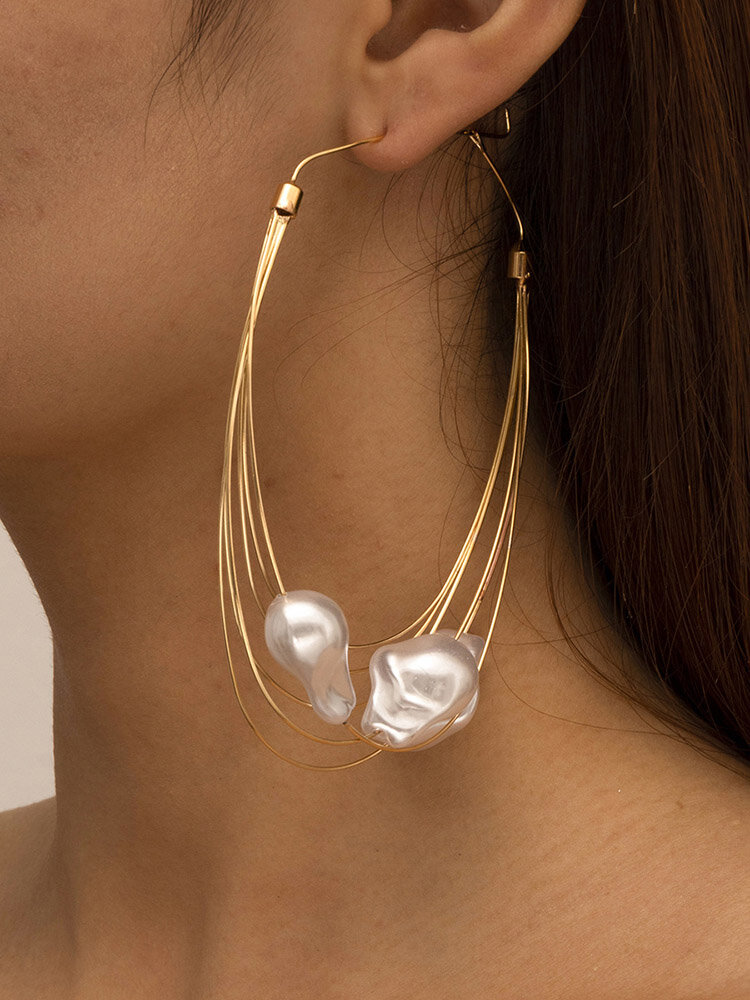 Trendy Pearl Pendant Earrings Temperament Multi-layer Metal Circle Earrings