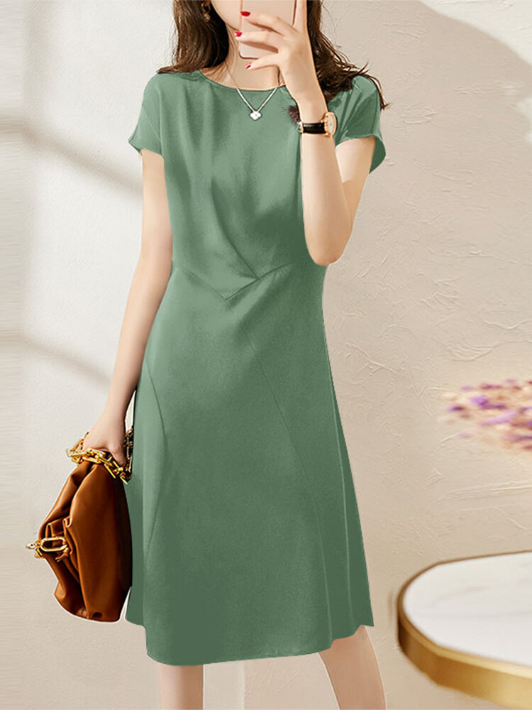 Solid Invisible Zip Side Short Sleeve Crew Neck Dress