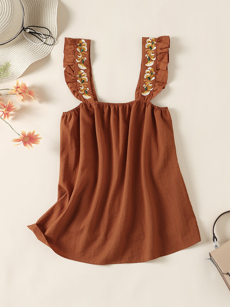 Floral Embroidery Ruffle Sleeveless Square Collar Tank Top