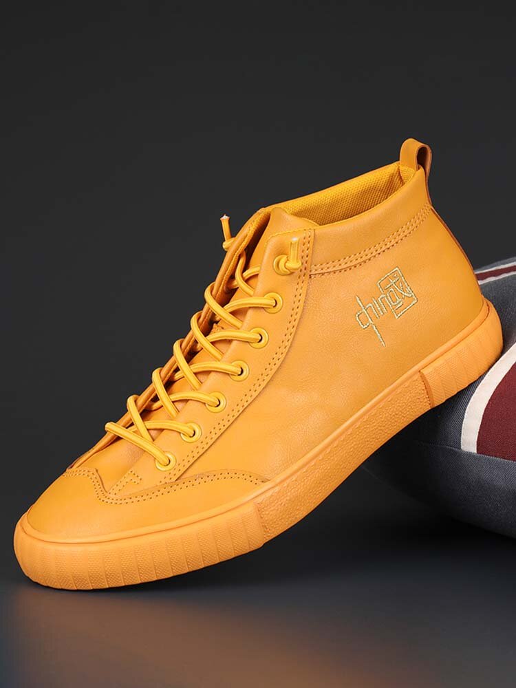 Men Stitching Slip Resistant Lace Up Microfiber Leather Casual Skate Shoes