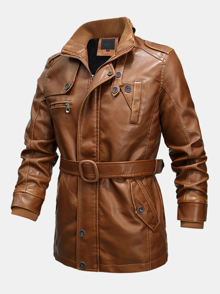 Men Winter Fashion Thicken Fleece Lined Mid-long Plain PU Leather Jacket