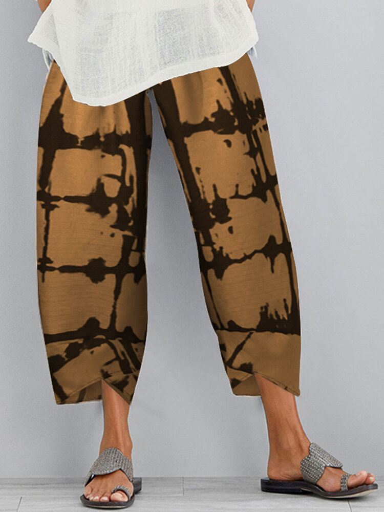 Casual Print Elastic Waist Plus Size Pants with Pockets